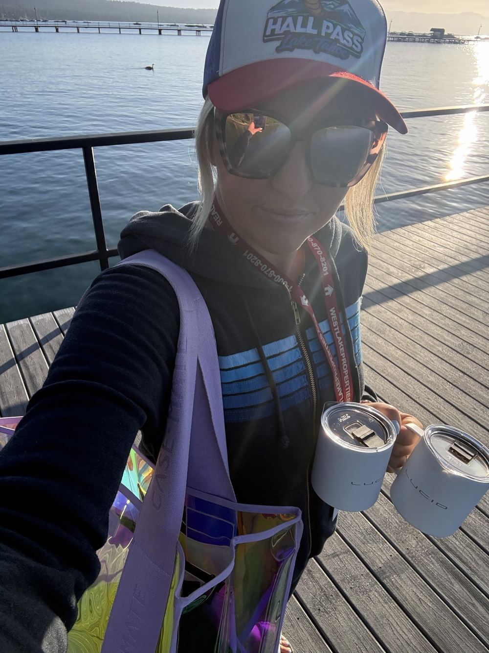 Adele on a pier at Lake Tahoe